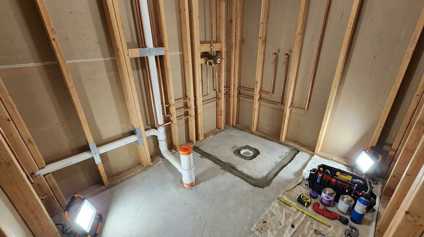Bathroom rough-in plumbing during remodel by Johns Plumbing LLC in North Miami Beach