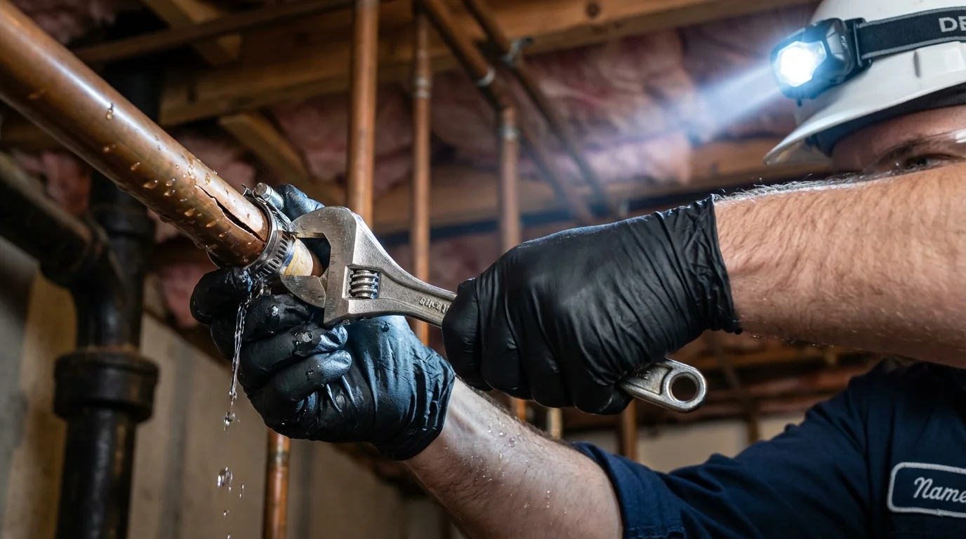 Emergency pipe clamp repair being performed by a Johns Plumbing LLC plumber in North Miami Beach