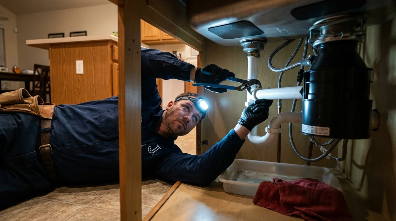 P-trap and supply line connections under a kitchen sink showing a common leak point in North Miami Beach, FL